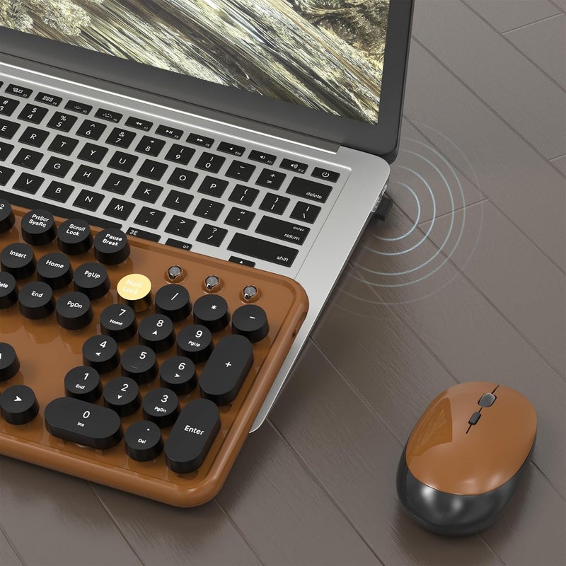 MPTOG Colorful Wireless Computer Keyboard and Mouse Combo with Round Typewriter Keycaps, Retro Design, Power Switch, Ergonomic Design, 2.4GHz Wireless for Windows, Mac, PC(Black-Brown) - Image 4